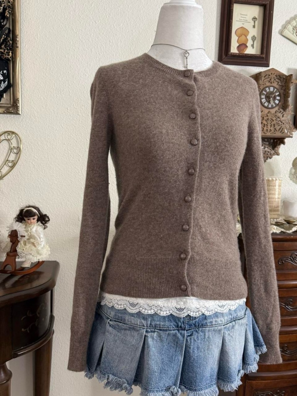 Y2k preppy twee girly grunge muted brown toned soft cashmere cardigan - Picture 3 of 5